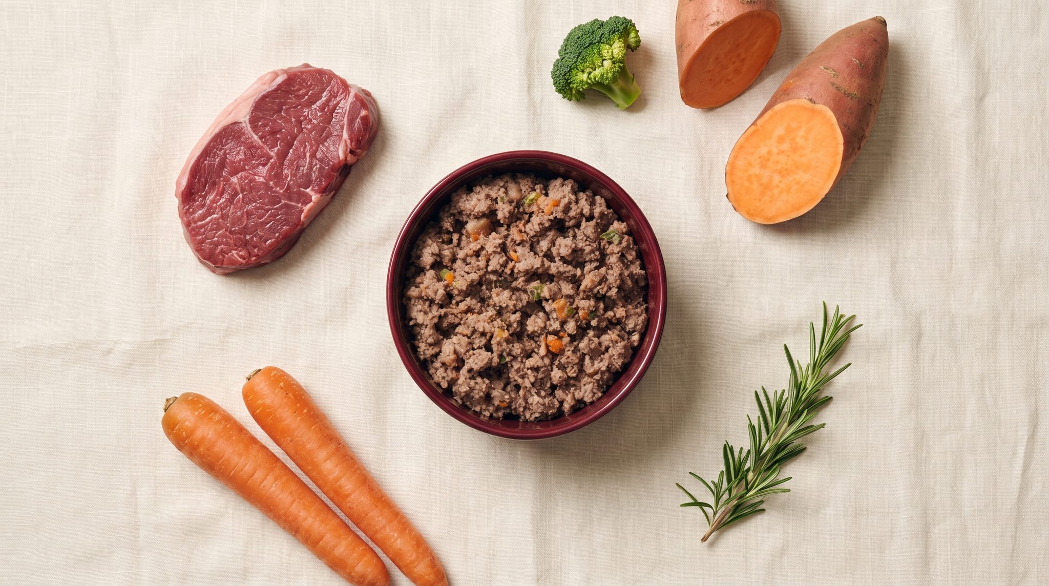 Bowl of cooked food surrounded by the raw ingredients