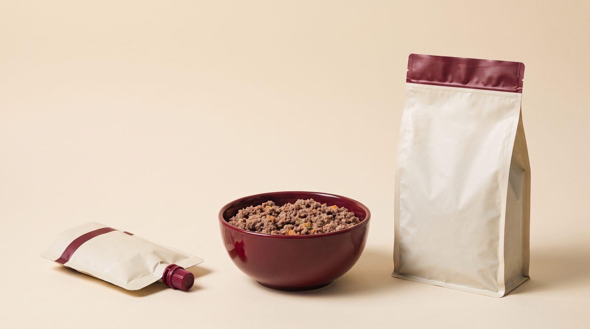 The lickable pouch, a bowl of food and the food pouch side by side